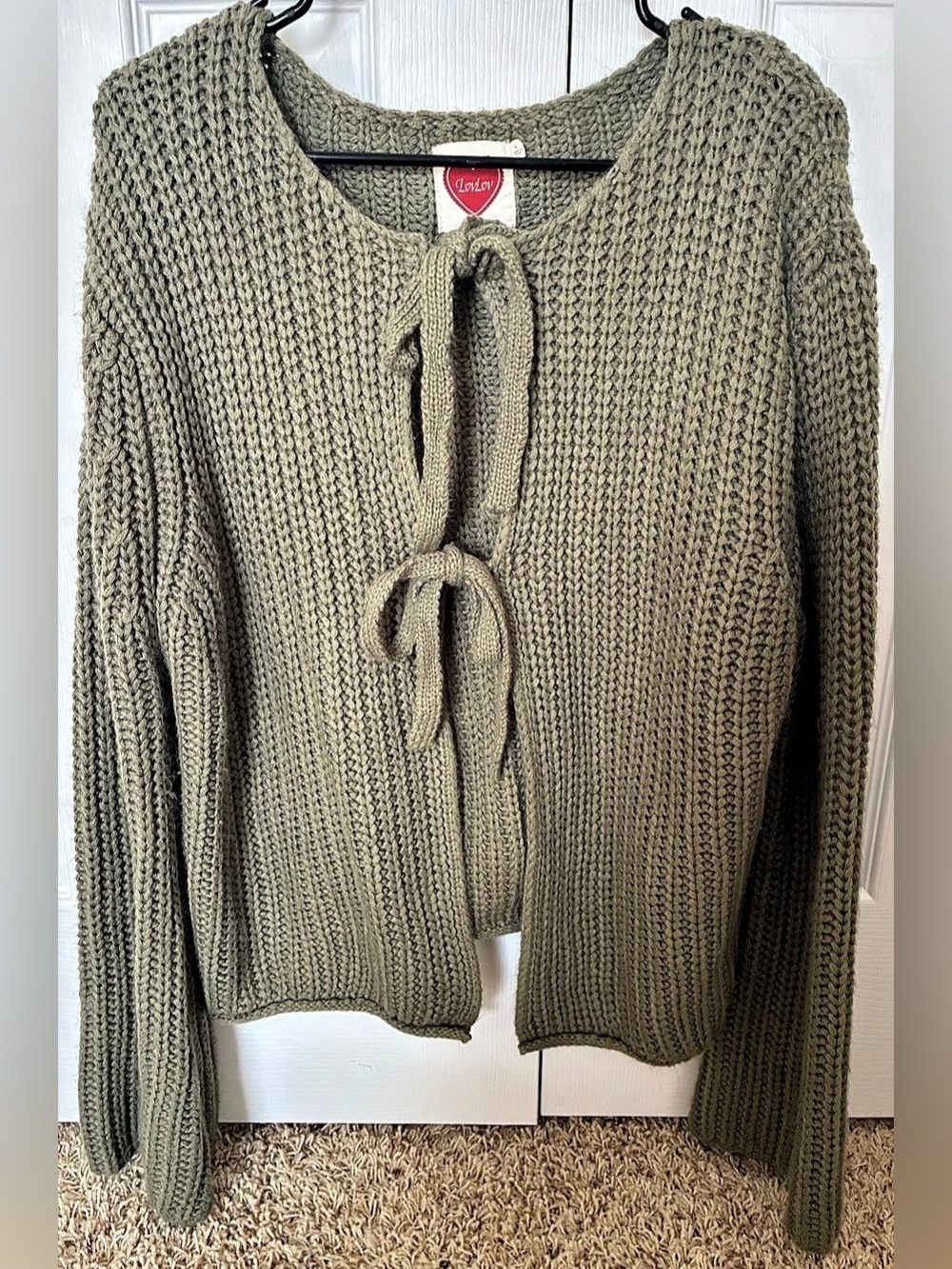 LovLov Tie Front Knit Sweater in Green Size Large Cardigan Boutique